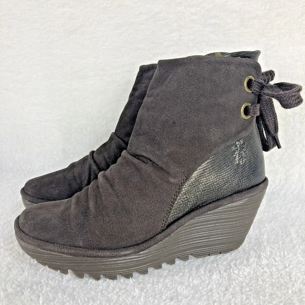 Fly London Yama Women's Suede Wedge Ankle Boots EU 37 US 6.5-7 Gray Boho